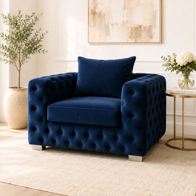 B&Q -  Ashley Navy Blue Chesterfield Scatter Back Sofa Collection For Statement Living Rooms-Armchair