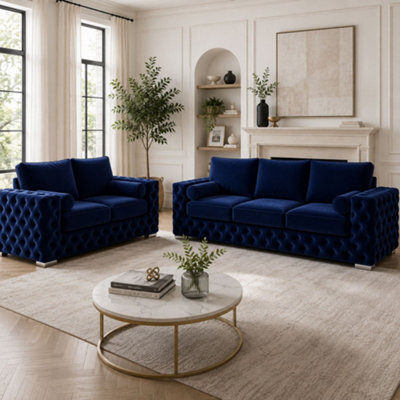 B&Q -  Ashley Navy Blue Chesterfield Full Back Sofa Collection For Statement Living Rooms-Set