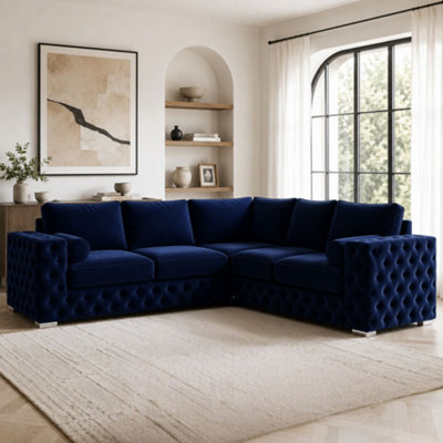 B&Q -  Ashley Navy Blue Chesterfield Full Back Sofa Collection For Statement Living Rooms-Corner