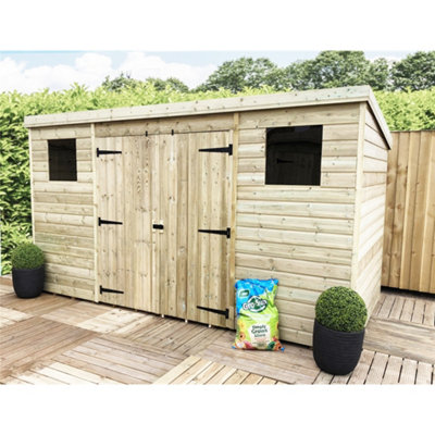 Marlborough 12 X 3 Garden Shed Pressure Treated T&g Pent Wooden Garden Shed - 2 Windows + Double Doors Centre (12' X 3' / 12Ft X 3Ft) (12X3)