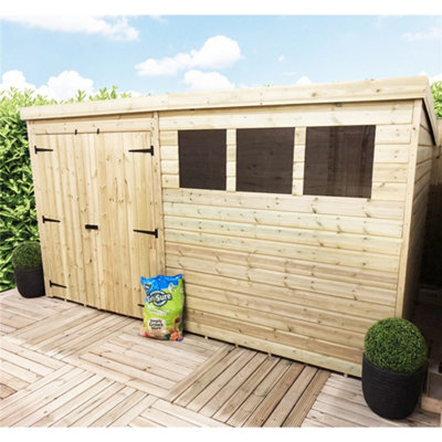 Marlborough 12 X 3 Garden Shed Pressure Treated T&g Pent Wooden Garden Shed - 3 Windows + Double Doors (12' X 3' / 12Ft X 3Ft) (12X3)