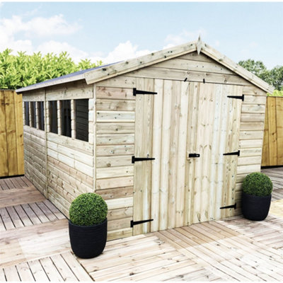 Marlborough 12 X 8 Garden Shed Premier Pressure Treated T&g Apex Wooden Garden Shed + 6 Windows + Double Doors (12' X 8' / 12Ft X 8Ft) (12X8)