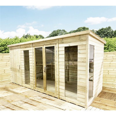 Marlborough 15 X 8 Combi Pressure Treated T&g Pent Summerhouse + Side Garden Shed +  Lock & Key (15' X 8') / (15Ft X 8Ft) (15X8 )