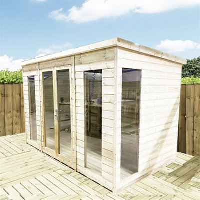 Marlborough 10 X 10 Pressure Treated T&g Pent Wooden Summerhouse + Double Doors & Lock + Windows (10' X 10' / 10Ft X 10Ft) (10X10)