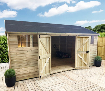 Marlborough 15 X 16 Reverse Pressure Treated T&g Wooden Apex Garden Shed / Workshop & Double Doors (15' X 16' /15Ft X 16Ft) (15X16)