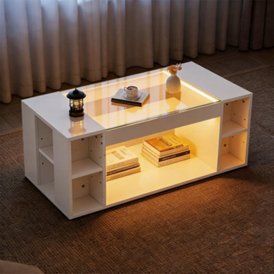  - High Gloss Coffee Table With Led Glass Tabletop Light Up With Adjustable Shelves