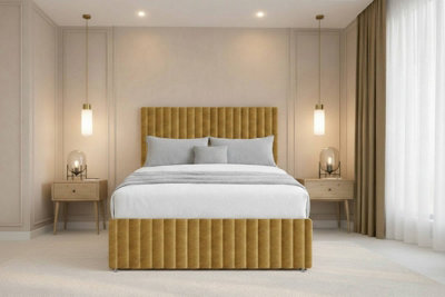 Chester & Oakley Beds Chester & Oakley Ravello Mustard Plush Divan Bed Base No Drawers With 26" Strutted Headboard 12" Footboard 2'6 Small Single