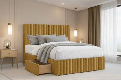 Chester & Oakley Beds Chester & Oakley Ravello Mustard Plush Divan Bed Base 4 Drawers With 26" Strutted Headboard 12" Footboard 4'6 Double