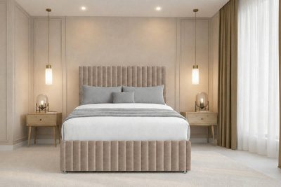 Chester & Oakley Beds Chester & Oakley Ravello Mink Plush Divan Bed Base No Drawers With 26" Strutted Headboard 12" Footboard 2'6 Small Single