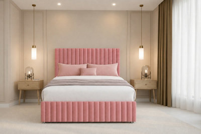 Chester & Oakley Beds Chester & Oakley Ravello Pink Plush Divan Bed Base No Drawers With 26" Strutted Headboard 12" Footboard 2'6 Small Single