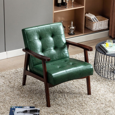 Homemiyn Green Faux Leather Armchair, Vintage-Style Chair With Solid Wood Legs, Modern Faux Leather Chair For Living Room Bedroom