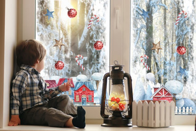 Quote My Wall Cute Village Watercolour Christmas Window Stickers With BaublesCandy Cane Sticks & Xmas Star Decals from B&Q