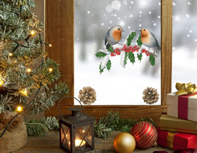Quote My Wall Pair Of Robins Holly Branch Christmas Window Stickers from B&Q
