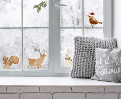 Quote My Wall Watercolour Woodland Animals Christmas Window Stickers Kids Christmas Window Decals Decorations Removable from B&Q