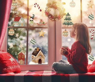 Quote My Wall 24 Christmas Watercolour Village & Elements Christmas Window Stickers from B&Q