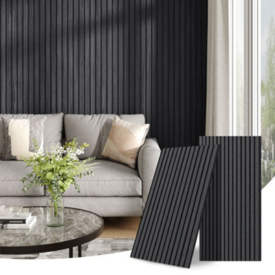 Garden Sanctuary Sleek Slat Style Acoustic Wall Panel Black Walnut Vibe Veneer 240Cm X 60Cm from B&Q