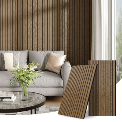 Garden Sanctuary Slatted Acoustic Wall Panel In Rich Brown Ash Veneer 240Cm X 60Cm from B&Q