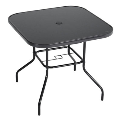 Breeins 80Cm W Square Wrought Iron Style Outdoor Garden Table With Tempered Glass Top And Parasol HoleBlack from B&Q