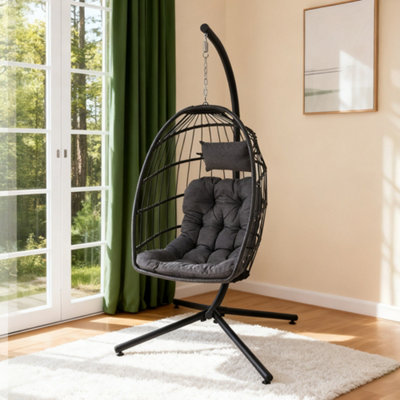 Thehotsale 88Cm W X 192Cm H Egg-Shaped Hanging Chair With Soft Cushion & Headrest Black Indoor Chairs from B&Q