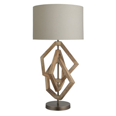 Industville Wooden Geometric Polygon Table LampNatural BaseDrum Cotton Shade from B&Q