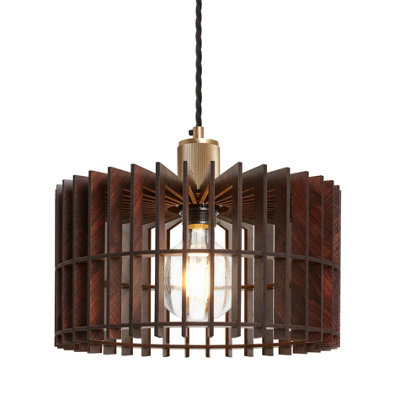 Industville Rift Slatted Wooden Drum Pendant LightDarkDark WoodBrass Pendant Holder from B&Q