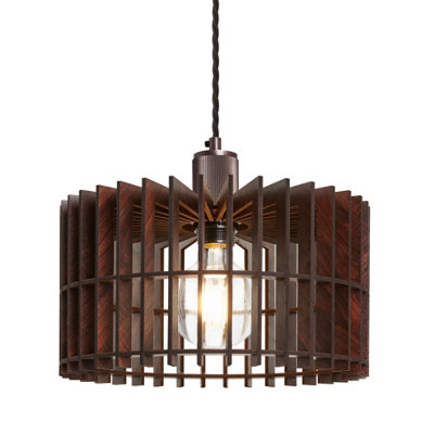 Industville Rift Slatted Wooden Drum Pendant LightDarkDark WoodBronze Pendant Holder from B&Q