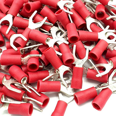 Pepte 100 X 5.3mm Red Cable Crimp Fork Spade Terminals Connectors from B&Q