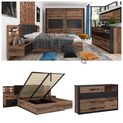 Impact Furniture Super King Size Ottoman Bed Luxury Storage Frame With Bedsides Cabinets Led Lights And Sideboard Oak Black Set Kassel