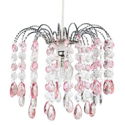Happy Homewares Contemporary Waterfall Pendant Shade With And Clear Acrylic Droplets Pink