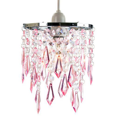 Happy Homewares Modern Waterfall Design Pendant Shade With Clear/ Acrylic Drops And Beads Pink