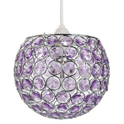 Happy Homewares Modern Round Globe Easy Fit Pendant Shade With Small Acrylic Bead Jewels Purple