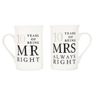Happy Homewares Ivory White 10Th Anniversary Mr Right & Mrs Always Right Ceramic Mug Gift Set