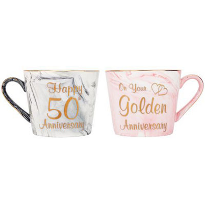 Happy Homewares Beautiful 50Th Anniversary And Marble Ceramic Mugs With Trim Grey/Pink/Golden