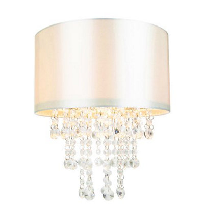 Happy Homewares Cream/Light Modern Satin Fabric Pendant Shade With Transparent Acrylic Droplets 17Cm