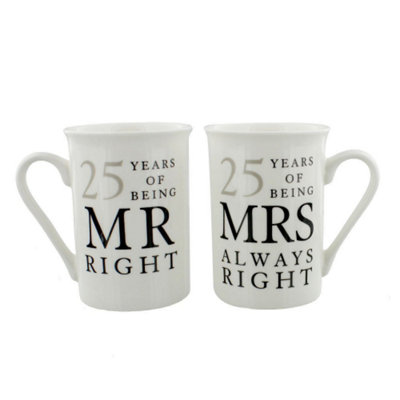 Happy Homewares Ivory White 25Th Anniversary Mr Right & Mrs Always Right Ceramic Mug Gift Set
