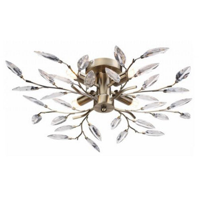 Happy Homewares Modern Birch 4 Light Semi Flush Antique Brass Ceiling Light With Clear Leaves from B&Q