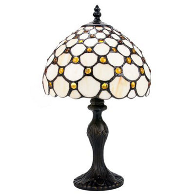 Happy Homewares Amber Traditional Stained Glass Tiffany Table Lamp With Multiple Circular Beads 36Cm