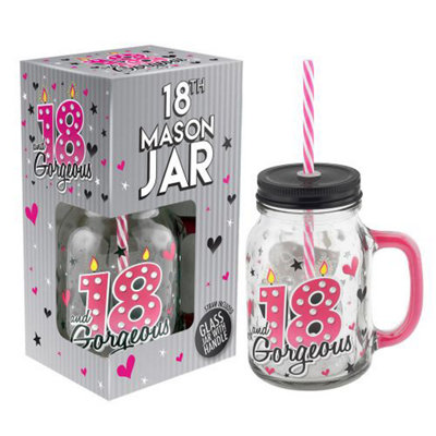 Happy Homewares 18Th Birthday Mason Jar With Metal Lid Glass Handle And Pink/white Straw