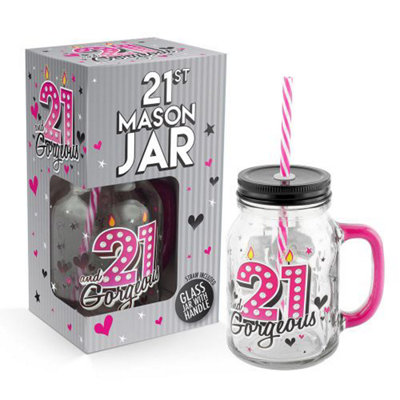 Happy Homewares 21St Birthday Mason Jar With Metal Lid Glass Handle And Pink/white Straw