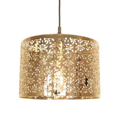 Happy Homewares Marrakech Designed Shiny Metal Pendant Shade With Floral Decoration Gold/Light