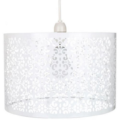Happy Homewares Marrakech Designed Large Metal Pendant Shade With Floral Decoration White/Light