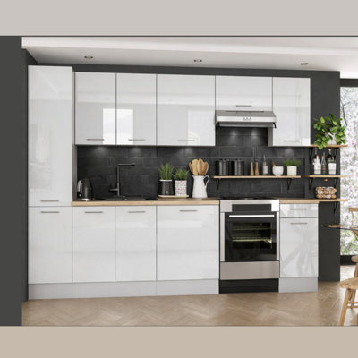 B&Q -  Kitchen Cabinets White Gloss 8 Units With Slim Larder 280Cm Package Modern Set Soft Close Flat Pack Ella