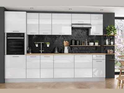 B&Q -  Kitchen Cabinets Set White Gloss 9 Unit 300Cm Package With Tall Oven Housing Soft Close Modern Cupboards Ella