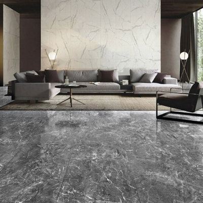 Living And Home 24Pcs Dark Grey 3D Stone Marble Effect Self Adhesive Pvc Floor Vinyl Tiles Covering 5M² from B&Q