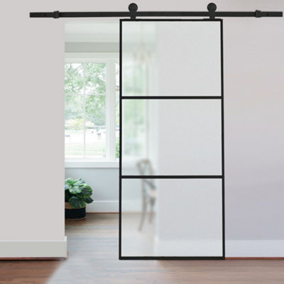 Living And Home 3 Lite Panel Modern Black Glass And Aluminum Sliding Barn Door Internal Door With 6Ft Hardware Kit