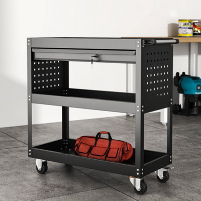 B&Q -  3 Tiers Black Rolling Heavy Duty Metal  Workshop Tool  Storage Trolley Cart With Lockable Drawer