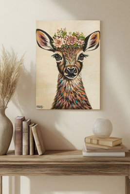 B&Q -  Deer With Flowers Ii Wood Art Print Plywood Wall Art
