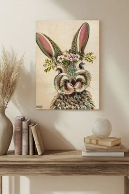 B&Q -  Bunny With Flowers I Wood Art Print Plywood Wall Art