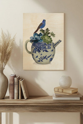 B&Q -  Chinoiserie TeapotEchevaria And Bird Wood Art Print Plywood Wall Art