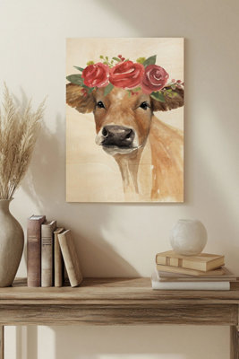 B&Q -  Flowered Cow Ii Wood Art Print Plywood Wall Art